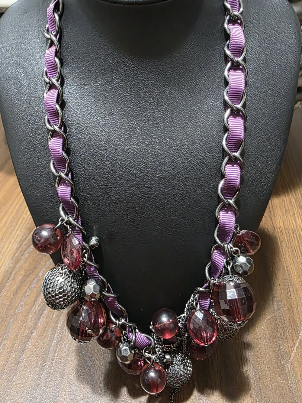 Purple Bead & Ribbon Statement Necklace